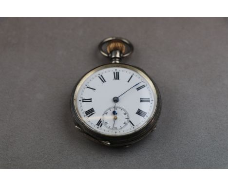 Swiss silver open face top wind pocket watch, white enamel dial and subsidiary seconds dial, black Roman numerals and minute 