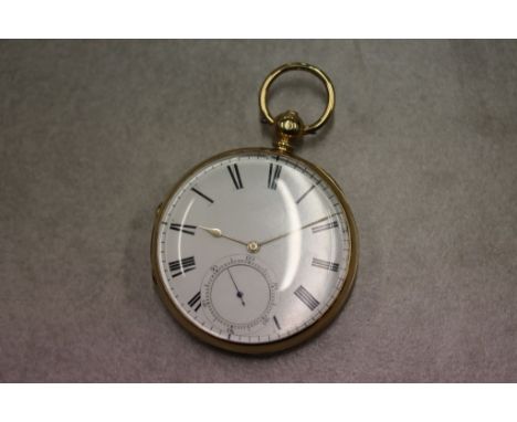 Victorian 18ct yellow gold open face key wind fusee pocket watch, white enamel dial and subsidiary seconds dial, black Roman 