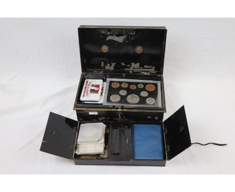 Cash Tin full of mixed vintage UK & World Coins & Banknotes to include Silver
