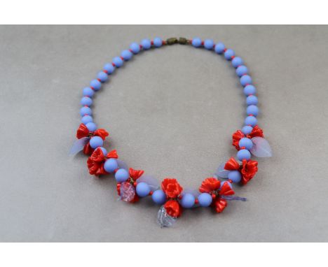 Vintage glass flower necklace, red glass flower and lilac glass leaf clusters to periwinkle blue glass bead necklace with red