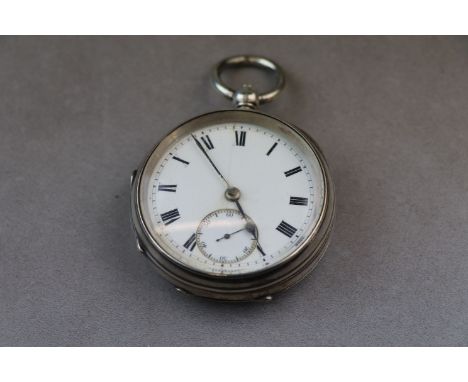 George V silver open face key wind pocket watch, white enamel dial and subsidiary seconds dial (hairline cracks to dial) blac