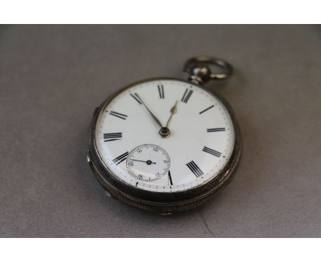 Victorian silver open face key wind fusee pocket watch, white enamel dial and subsidiary seconds dial, black Roman numerals a