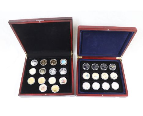Two cases of mixed collectable coins to include; Crowns, £5 Pound coins, 25 Euro, also Virgin Islands, Cook Islands, Guernsey