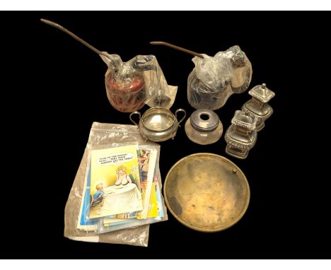Silver topped glass jar, hallmarked, silver plated cruets, postcards and two oil cans