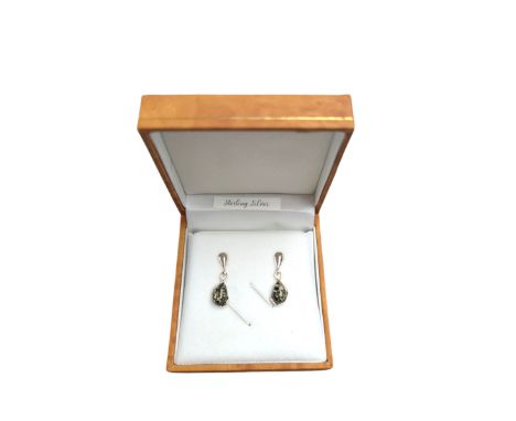 Pair of silver and green amber pendant stud earrings, boxed