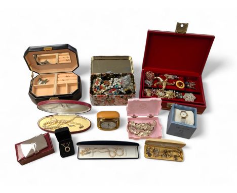 Collection of costume jewellery, including beaded necklaces, brooches, earrings, etc, Skagen wristwatch and compact mirror