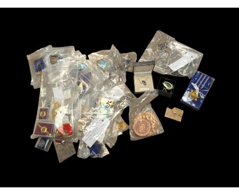 Collection of Masonic jewels, including silver example, together with military pin badges, two silver necklaces and other col