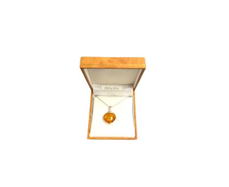 Silver Baltic amber heart pendant necklace, stamped 925, boxed