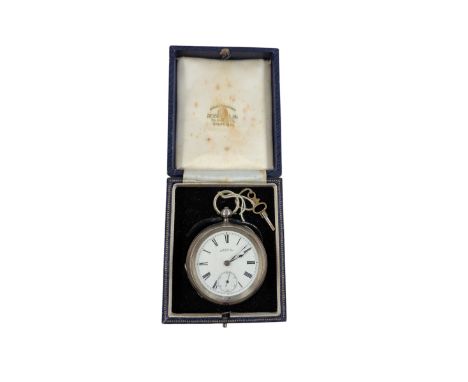 Late Victorian silver A.W.W Co Waltham Mass open face pocket watch, with key, case D6cm, boxed
