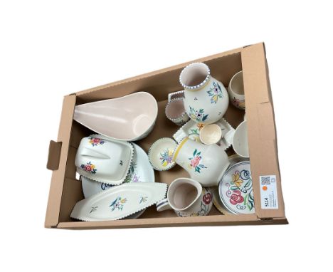 Collection of Poole pottery in floral pattern, including butter dish, two vases, jug, plates etc 