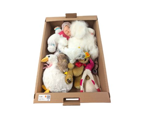 Steiff seal and a Steiff bear, Canterbury bear, Cabbage Patch doll and other soft toys