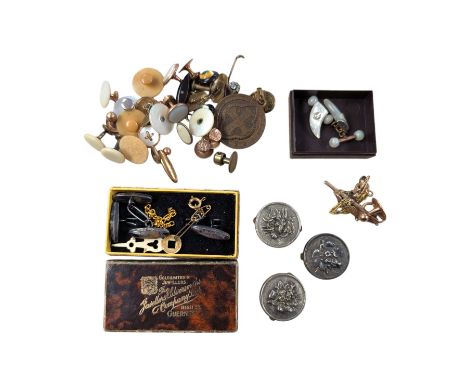 9ct gold jewellery oddments, together with a pair of silver blue john cufflinks, three buttons/studs, and other costume cuffl