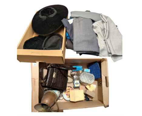 Vintage hats and perfumes including a wide brimmed Elder's hat, together with a collection of fabric, including wool and cott