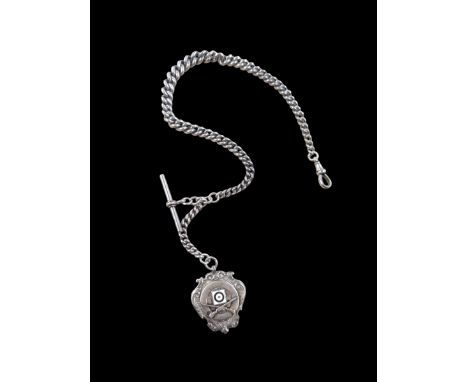 Early 20th century silver tapering Albert chain, with clip, t-bar and silver enamel shooting fob medal, with engraving verso,