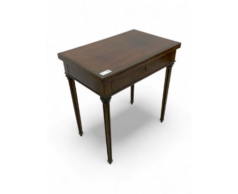Mid-20th century French design mahogany fold-over card table, the top opens to reveal inset leather playing surface, the draw