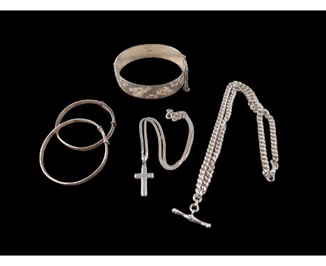 Silver jewellery, including three bangles, Albert chain and cross pendant necklaceCondition Report:Approx 102 grams