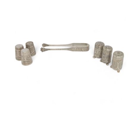 Pair of Persian silver sugar tongs, together with three silver plated cylindrical salt shakers and three silver plated liquou
