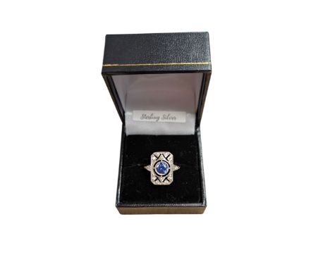 Silver blue stone and cubic zirconia Art Deco style ring, boxedCondition Report:Size O-P