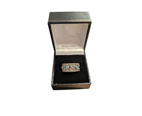 Silver opal band ring, with filigree decoration, stamped, boxedCondition Report:Size M-N