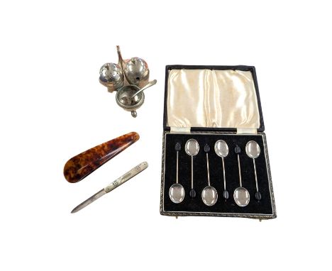 Set of six cased silver coffee bean spoons, hallmarked, shoe horn, EPNS cruet set and a silver mother of pearl handled fruit 
