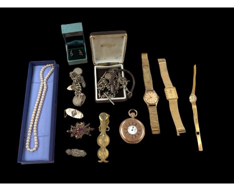 Silver jewellery, including brooches, charm bracelet, chains, etc, gold plated half hunter pocket watch, sovereign scales, wr
