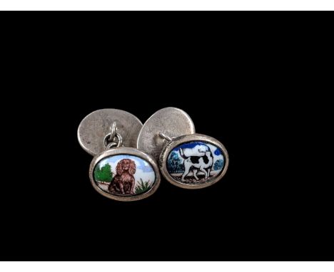 Pair of silver enamel gun dog cufflinks, stamped 925