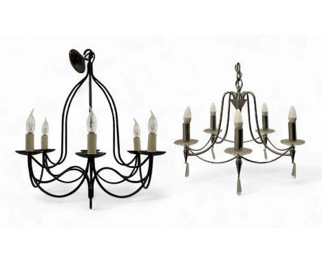 Contemporary black wrought iron six-light chandelier with drip trays and faux candle sleeves; polished chrome six-light chand