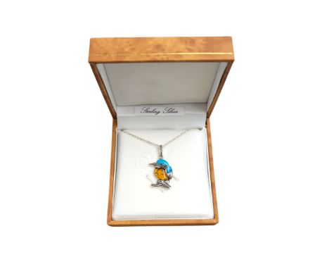 Silver Baltic amber and turquoise kingfisher pendant necklace, boxed