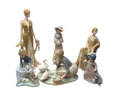 Lladro figure depicting girl feeding ducks, together with three Nao figures and two Art Deco style figures