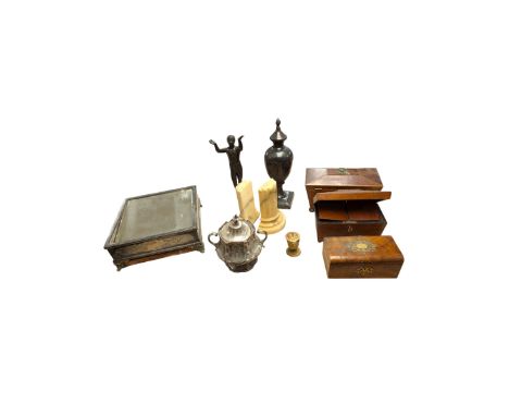 Silver plated mirrored wedding cake stand, two wooden sarcophagus tea caddies, cat metal urn and figure, pair of column booke