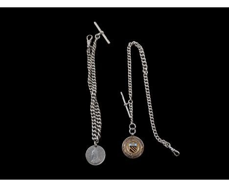 Two silver Albert chains, one with Victorian 1889 shilling and the other with enamel decoration and presentation engraving, l