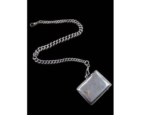 Early 20th century silver tapering watch chain, with two clips and an early 20th century silver vesta case, with engraved mon