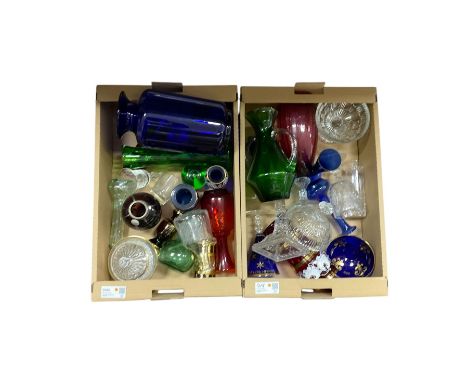 Victorian and later coloured and cut glassware, including large blue glass vase, silver topped vase, bon bon dish, etc 