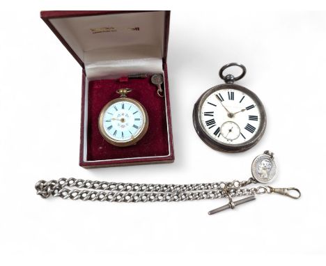 Silver Improved Patent open faced pocket watch, together with a silver Albert chain and a brass fob watchCondition Report:Alb