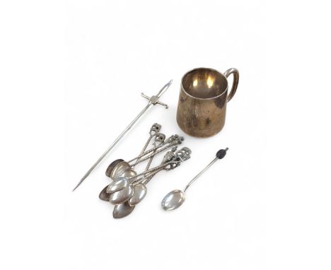 Silver christening mug and a silver coffee bean spoon, both hallmarked together with a set of plated coffee spoons and letter