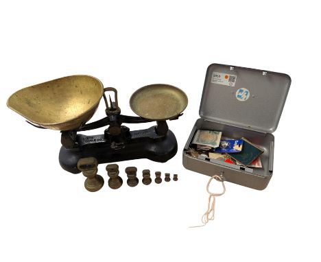 Set of Librasco Scales and weights, silver fob and chain, collection of enamel badges and coins