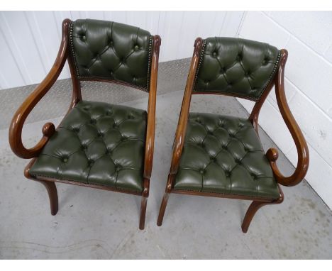 Pair of scroll open arm leather chairs - 2 late 20 th C Regency style sabre leg green leather button back and seat open arm c