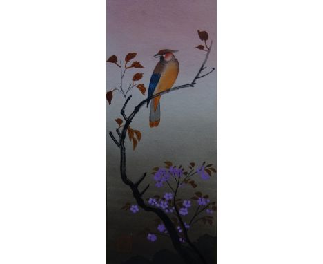 Signed Chinese Guoache and Watercolour A Crested Bellbird ( waxwing ) on a prunus tree Signed with a tablet seal lower left 6