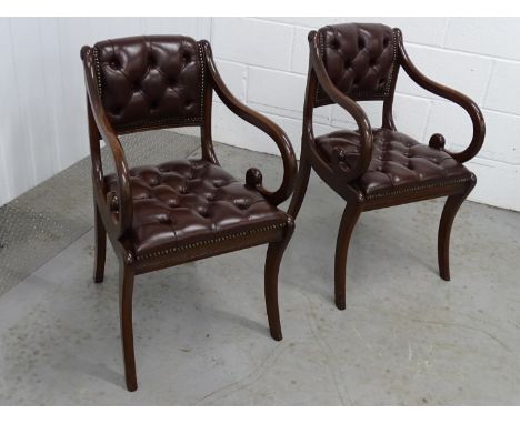 Pair of scroll open arm leather chairs - 2 late 20 th C Regency style sabre leg Sang de Beouf leather button back and seat op