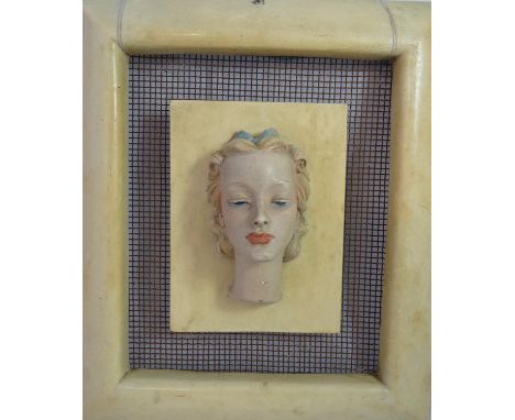 Art Deco- Mid-Century A Lenci style plaster mask on a gauze inset with faux vellum cushion moulded frame, The whole 15 x 13? 