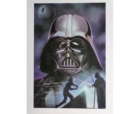 Dave Prowse Darth Vadar signed Star Wars Print approx. 16 x 12 inches. Numbered 7/50 and also signed by the Artist Duncan Gut