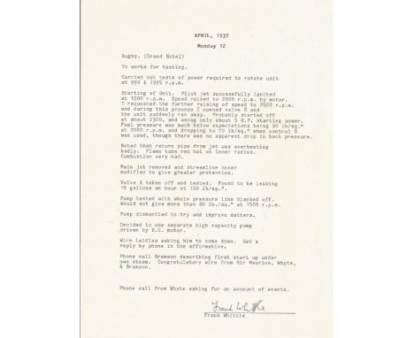 Sir Frank Whittle signed typed one page working note dated April 1937. With references to Jet engine testing numbers pressure