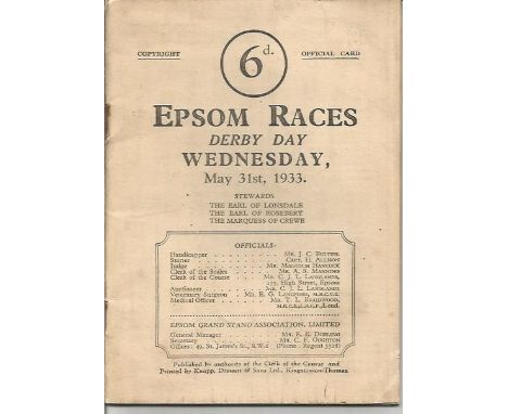 Derby Day Epsom 1933 Horse Racing programme. Signs of age but rare. Hyperion ridden by Tommy Weston gives Lord Derby his seco