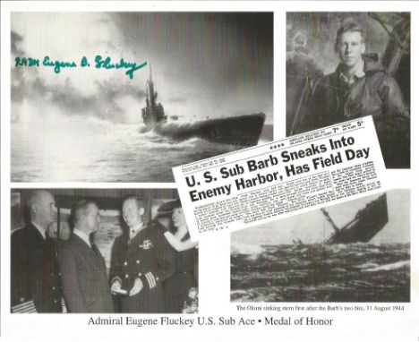 Admiral Gene Fluckey MOH US Submarine ace signed 10 x 8 b/w montage photo. United States Navy rear admiral who received the M