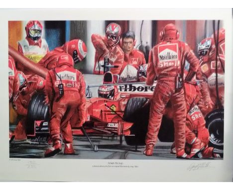 Ferrari Pit Stop colour print of Schumachers car being refuelled and tyre change. Approx. 16 x 12 inches. Signed by Artist Gr