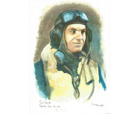 Plt/Off Trevor Gray WW2 RAF Battle of Britain Pilot signed colour print 12 x 8 inch signed in Pencil. Image of him in flying 