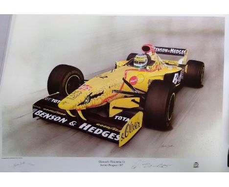 Giancarlo Fisichella signed colour print in his Jordan Peugeot 197. Approx. 20 x 16 inches, also numbered and signed by artis