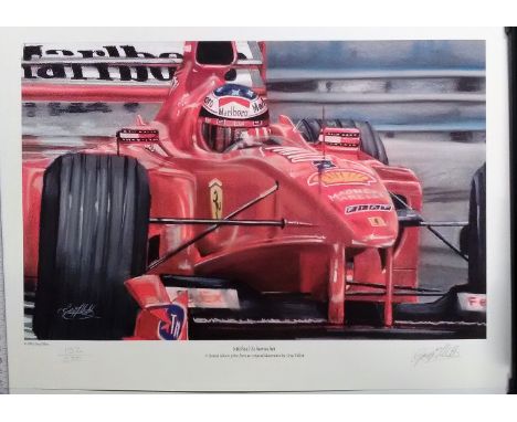 Michael Schumachers print racing in his Ferrari. Approx. 16 x 12 inches. Signed by Artist Greg Tillett. Good Condition. We co