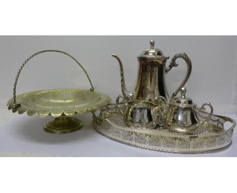 A three piece plated Oneida tea service, a Viners gallery tray and a plated basket with handle