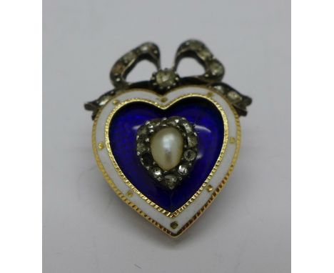 A late 19th/early 20th Century enamelled heart shaped brooch set with pearl and old cut diamonds, lacking one diamond, enamel